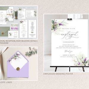 Op de afbeelding: Unplugged bruiloft ceremonie bord met aquarel groen en paarse bloemen. Het bord staat: "Welkom bij onze unplugged ceremonie. Zet alstublieft alle telefoons en camera's uit en geniet van dit speciale moment met ons. Dank je. Emme & Matt. Zaterdag 17 december 2028."