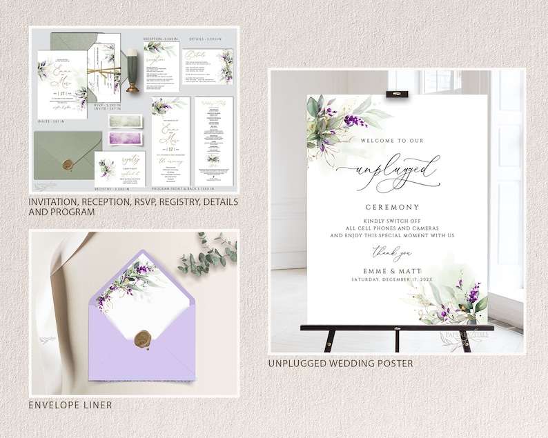 Op de afbeelding: Unplugged bruiloft ceremonie bord met aquarel groen en paarse bloemen. Het bord staat: "Welkom bij onze unplugged ceremonie. Zet alstublieft alle telefoons en camera's uit en geniet van dit speciale moment met ons. Dank je. Emme & Matt. Zaterdag 17 december 2028."
