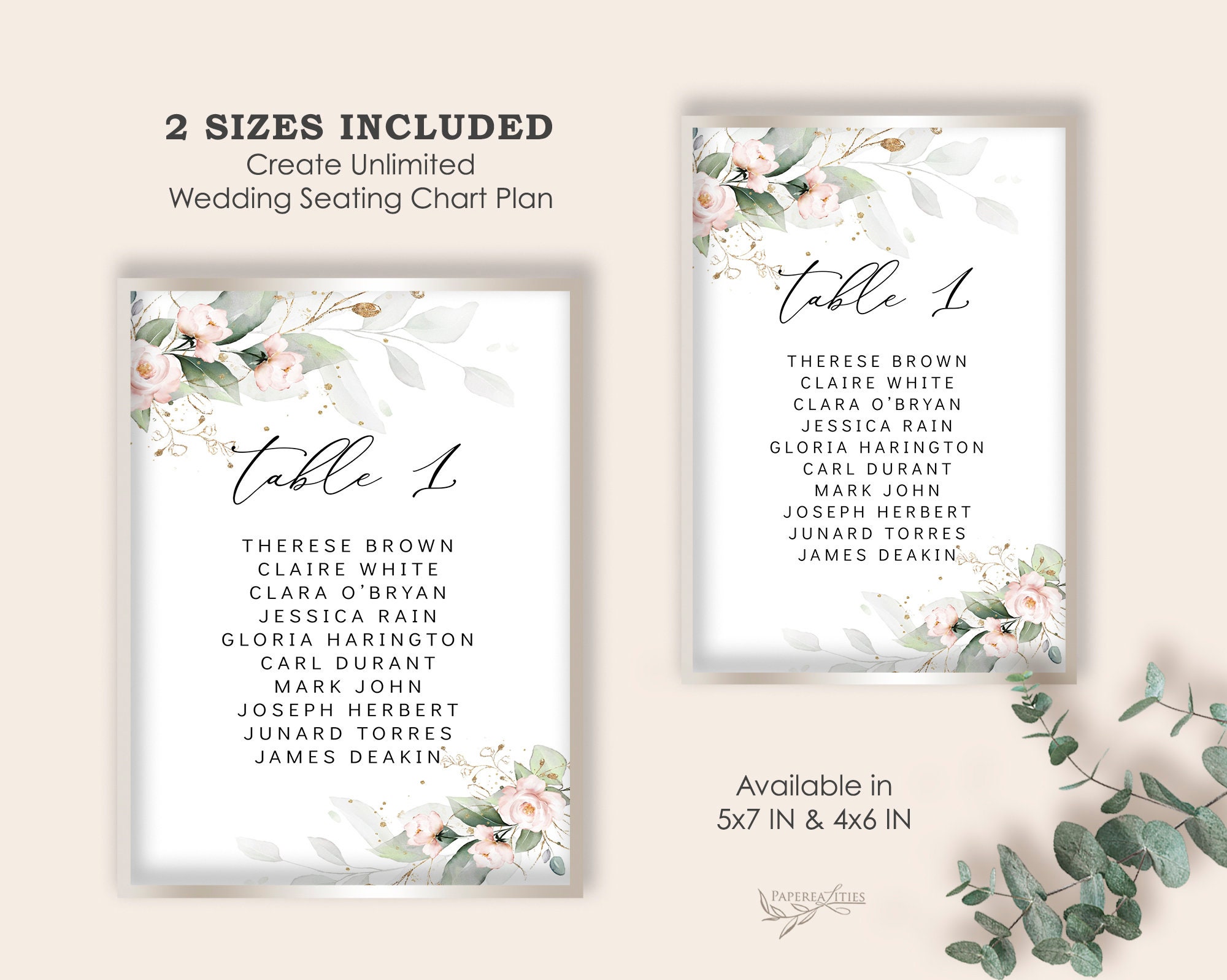 ELLIE Greenery Blush Wedding Seating Chart Card Template - Etsy