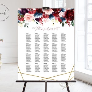 SARAH- Burgundy Navy and Blush Seating Chart Template, Geometric Floral Seating Chart, Seating Chart Template, Guest List Planner, Seat Plan