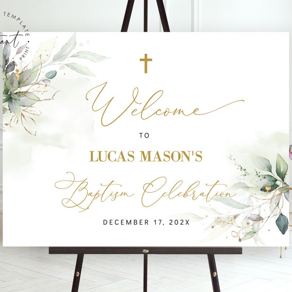 Baptism Welcome Sign Template, Christening Welcome Sign, Green and Gold Baptism Welcome Sign, Printable Editable Baptism Sign Greenery Gold