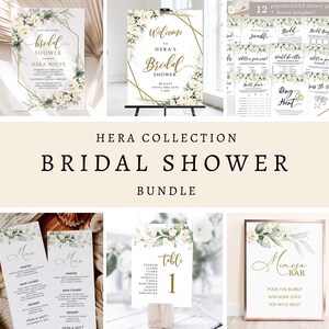 Editable Bridal Shower Bundle Templates, Floral Bridal Shower, White Bridal Shower Invite, Printable Bridal Shower Games Signs Bundle, HERA