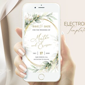 MARTHA - Greenery and Gold Save the Date Evite Template, Electronic Save the Date, Smartphone Save the Date, Save the Date, Wedding Evite