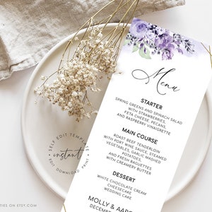 MOLLY - Descarga de la plantilla de menú de boda de lavanda, tarjeta de menú editable imprimible, plantilla de tarjeta de menú de boda lila, menú de cócteles, menú de bebidas