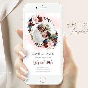 LILLY - Burgundy Navy Blush Save the Date Evite, Electronic Save the Date, Smartphone Save the Date, Digital Save the Date, Wedding Evite