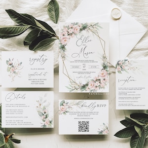 ELLIE - Blush Greenery Hochzeitseinladungsvorlage, Floral Blush Hochzeitseinladungsset, Hochzeitseinladungsvorlage, Salbei Blush Einladungskarte