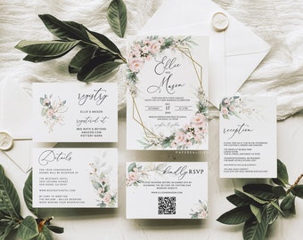 Blush Greenery Wedding Invitation Template Set (Digital Download)