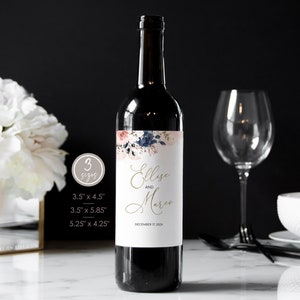 Floral Wedding Wine Label Template: Navy Blush, Editable (Digital Download)