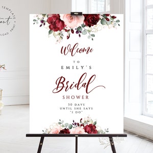 Floral Bridal Shower Welcome Sign: Burgundy Blush Template (Digital Download)