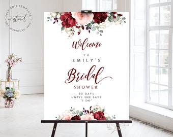 Floral Bridal Shower Willkommen Schild: Burgund Blush Vorlage (Digitaler Download)