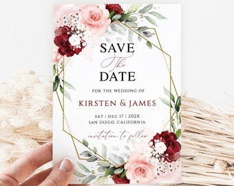 Floral Save the Date Template: Burgundy Blush Wedding Invite (Digital Download)