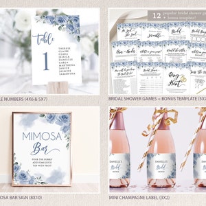 May include: A set of printable bridal shower party decorations in a blue and white watercolour floral theme. The set includes table numbers, bridal shower games, a mimosa bar sign, and mini champagne labels.