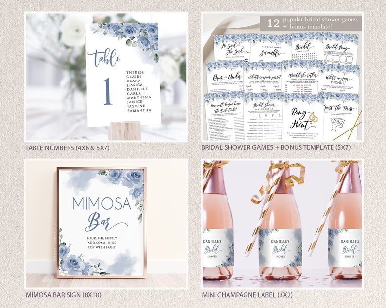 May include: A set of printable bridal shower party decorations in a blue and white watercolour floral theme. The set includes table numbers, bridal shower games, a mimosa bar sign, and mini champagne labels.