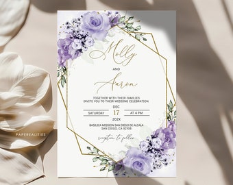 MOLLY - Lilac Wedding Invitation Template, Purple Floral Wedding Invitation, Printable Wedding Invitation Template, Lilac Wedding Invites