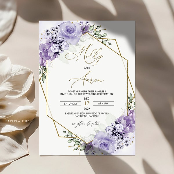 MOLLY - Lilac Wedding Invitation Template, Purple Floral Wedding Invitation, Printable Wedding Invitation Template, Lilac Wedding Invites