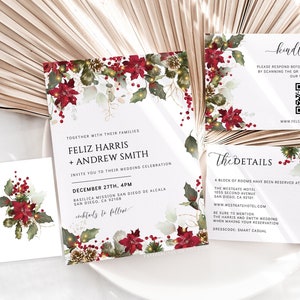 Christmas Wedding Invitation Template Winter Wedding Invites Suite Printable Editable Wedding Invitation Red Poinsettia Winter Holly, FELIZ