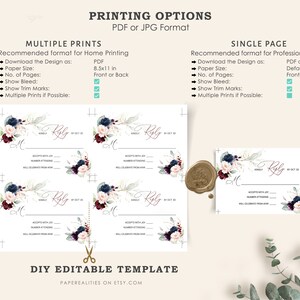 May include: A printable wedding RSVP card template with a floral design featuring burgundy, blush pink, and navy blue flowers. The card has a gold wax seal and the text "Kindly Reply by Oct 30".