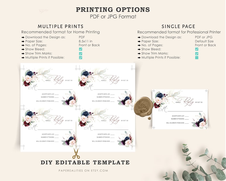 May include: A printable wedding RSVP card template with a floral design featuring burgundy, blush pink, and navy blue flowers. The card has a gold wax seal and the text "Kindly Reply by Oct 30".