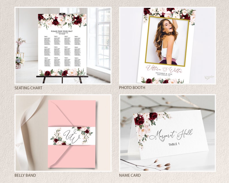 K&ouml;nnte beinhalten: Hochzeitspapeterie-Set mit einem burgunderfarbenen und rosafarbenen Blumendesign. Das Set beinhaltet einen Sitzplan, einen Fotobooth-Rahmen, ein Bauchband und eine Namenskarte. Der Text auf dem Fotobooth-Rahmen lautet "Uttan & Wiltr" und die Namenskarte lautet "Margaret Hall, Tisch 1".