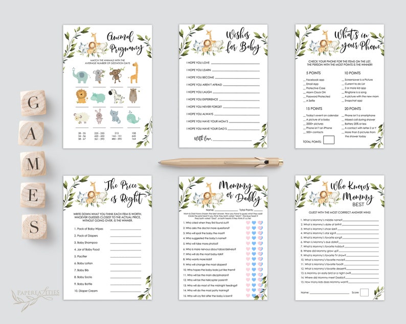 K&ouml;nnte beinhalten: Ein Satz druckbarer Babyparty-Spiele mit Dschungeltier-Motiv. Die Spiele beinhalten "Tierische Schwangerschaft", "W&uuml;nsche f&uuml;r das Baby", "Was ist auf deinem Handy", "Der Preis ist hei&szlig;", "Mama oder Papa" und "Wer kennt Mama am besten".