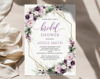 ADELE - Purple Lilac Bridal Shower Invitation, Bridal Shower Invitation Template, Bridal Shower Invites, Printable Bridal Shower Template