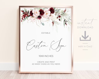 Burgundy Floral Wedding Sign Template: Editable Custom Design (Digital Download)