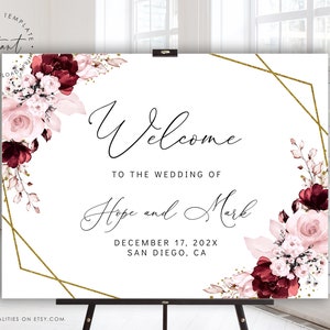 Burgundy Floral Wedding Welcome Sign Template (Digital Download)