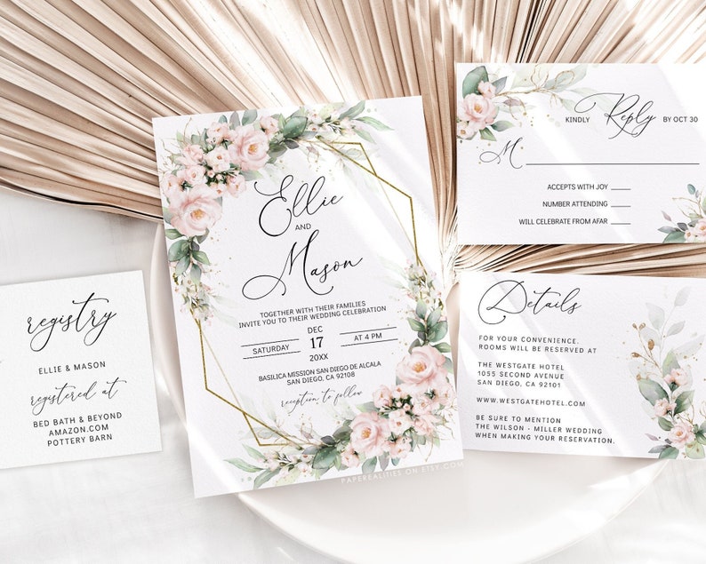 May include: Wedding invitation suite featuring a floral design with pink flowers and greenery. The invitation includes the names "Ellie and Mason", the date "17 December 20XX", and the time "4 PM". The RSVP card includes the text "Kindly Reply by 30 October". The details card includes the text "Details" and information about the wedding reception.
