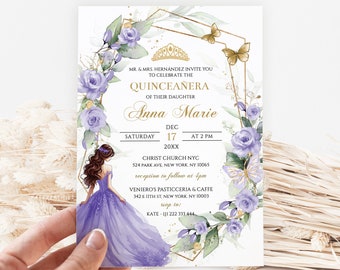 May include: A quinceañera invitation card featuring a watercolor illustration of a young woman in a purple gown. The card includes gold accents, floral and butterfly details, and event details such as the date, time, and location.