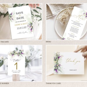 Op de afbeelding: Een set huwelijksstationery met een bloemenmotief. De set bevat een save-the-date-kaart, een menukaart, een tafelnummerkaart en een bedankkaart. De kaarten bevatten een aquarelillustratie van eucalyptusbladeren en paarse bloemen.
