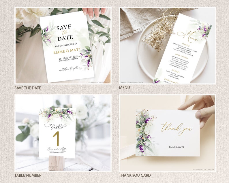 Op de afbeelding: Een set huwelijksstationery met een bloemenmotief. De set bevat een save-the-date-kaart, een menukaart, een tafelnummerkaart en een bedankkaart. De kaarten bevatten een aquarelillustratie van eucalyptusbladeren en paarse bloemen.