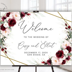 CASEY - Wedding Welcome Sign Template, Editable Wedding Sign, Printable Welcome Sign Wedding, Burgundy Floral Wedding Welcome Sign Template