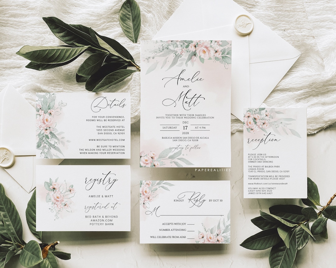 AMELIE Blush and Sage Wedding Invitation Template, Greenery Soft Blush