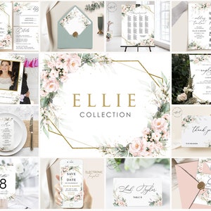 ELLIE - Blush Greenery Hochzeitseinladung Vorlage Bundle, geometrische Hochzeitseinladung mit Blumen, druckbare Hochzeitseinladung Vorlagen Set