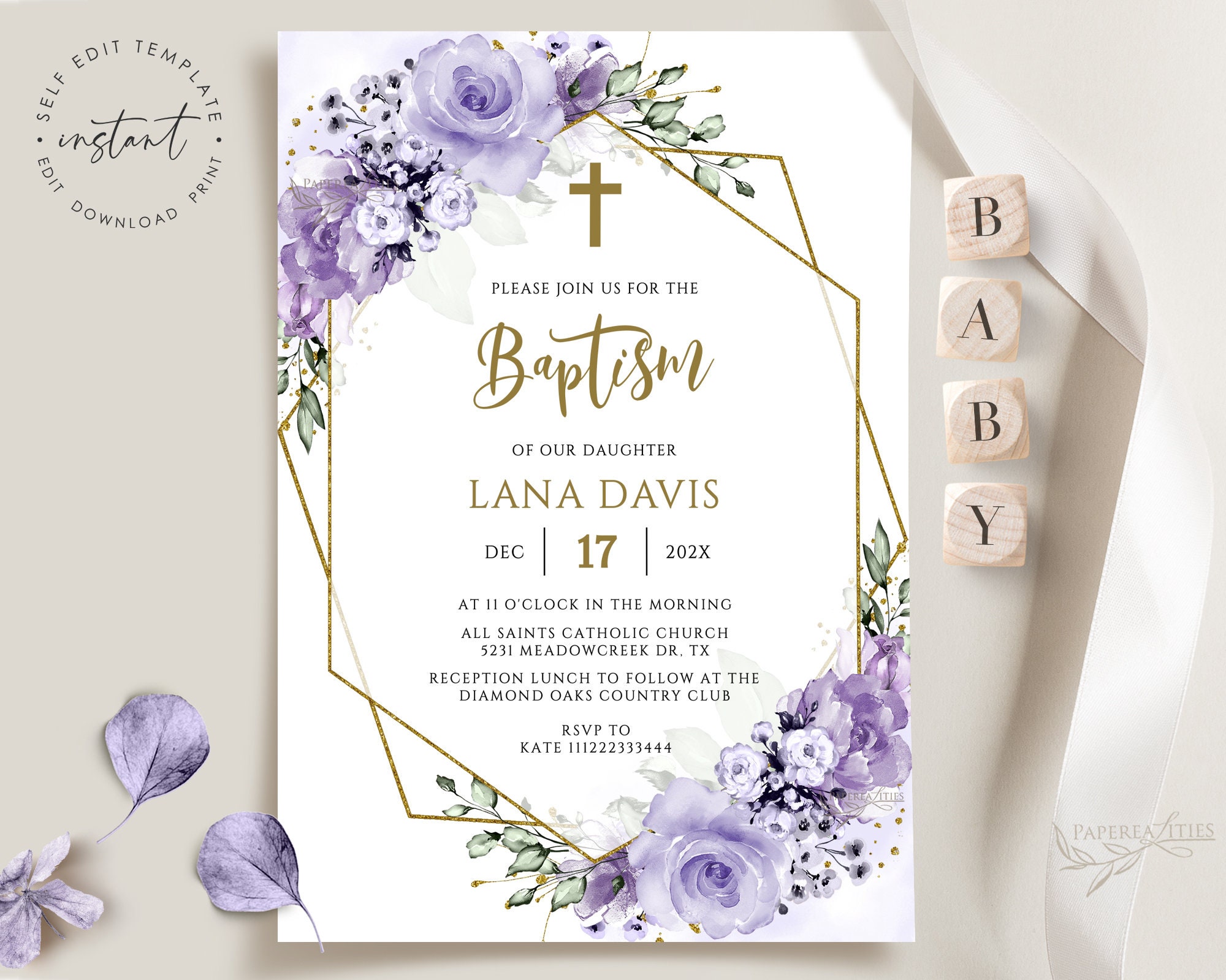 Baptism Invitation Template for Girl Lavender Floral Baptism Etsy
