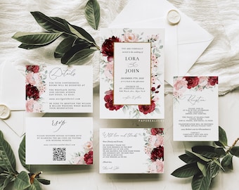 Burgundy Floral Wedding Invitation Suite Template (Digital Download)