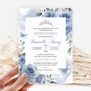 Editable Blue Silver Quinceañera Invitation Template, Floral Mis Quince Anos, 15th Birthday Invite, Printable Sweet 16 Invitation DIY Q06
