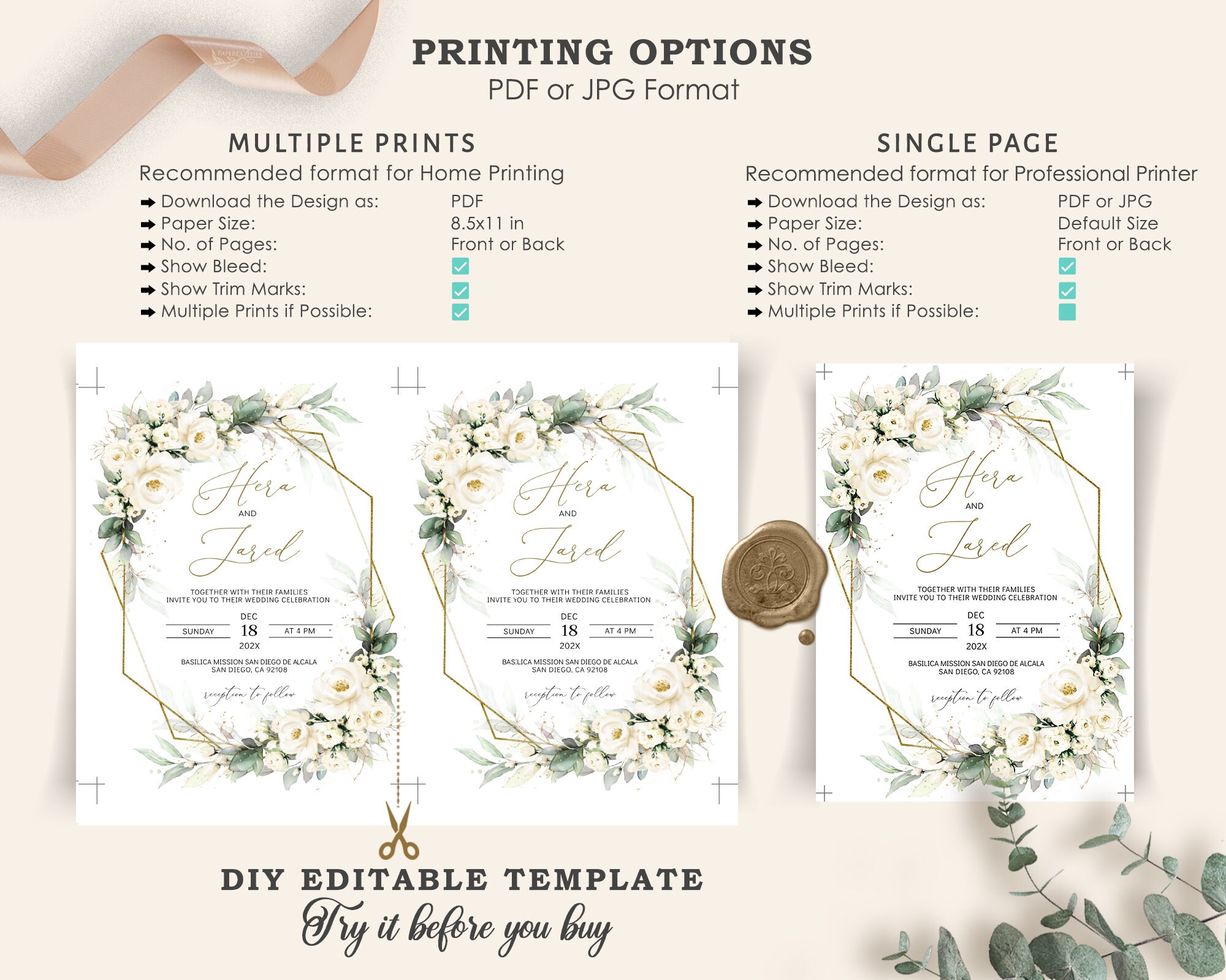 White Floral Wedding Invitation Template With RSVP (digital Download) - Etsy, image size:2000x1599
