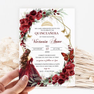 Burgundy Floral Quinceañera Invitation Template (Digital Download)