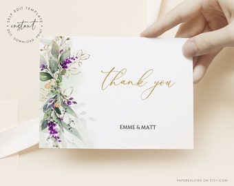 EMME - Green and Purple Thank You Card Template, Greenery Wedding Thank You Card, Lavender Bridal Shower Thank You, Printable Wishing Well