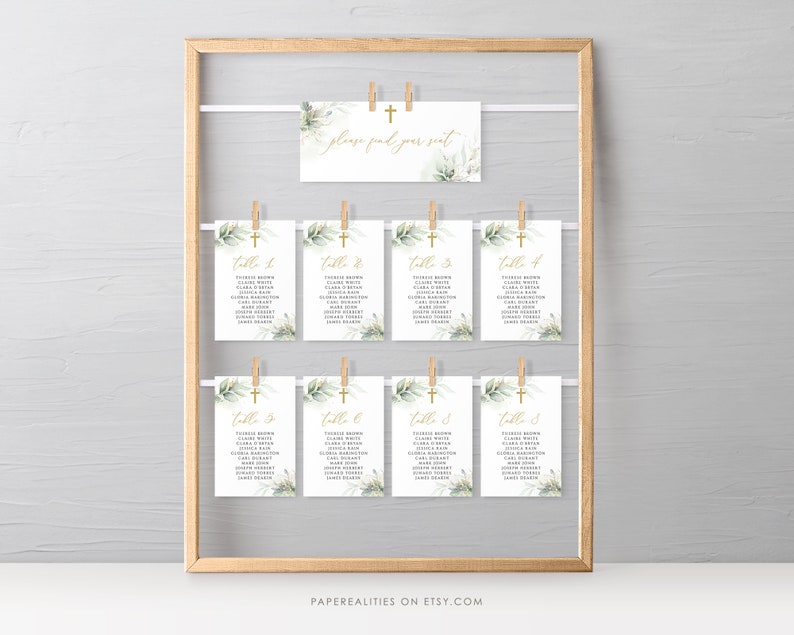 Baptism Table Seating Chart Template, Christening Seating Chart, Editable Seating Chart, First Communion, Greenery Baptism Seat Plan, BC32 image 3