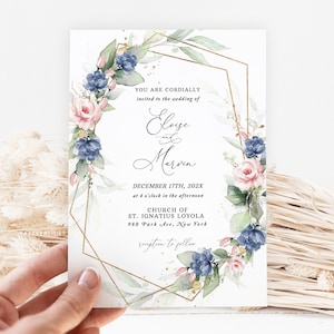 Staubig Blau Rosa Hochzeitseinladungsvorlage, Hochzeitseinladung Blaue Rosa Blumen Hochzeitseinladung, bearbeitbares Hochzeitsbriefpapier, Hochzeit einladen DIY, ELOISE