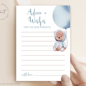 Carte de conseils de douche de bébé bleu poussiéreux, conseils imprimables de douche de bébé de ballon d'ours pour des parents, garçon de douche de bébé, conseils et souhaits aux parents, PB12