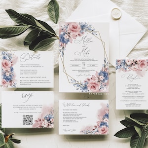 Dusty Blue Dusty Rose Wedding Invitation Suite Template, Dusty Blue Dusty Blush Pink Flowers Printable Wedding Invitation Download, MILLIE