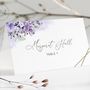 MOLLY - Plantilla de tarjeta de lugar de boda lavanda, Tarjeta de lugar de boda floral lila Tipo de tienda Tarjeta de nombre plana, Tarjeta de lugar editable Lilas moradas