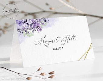 MOLLY - Lavender Wedding Place Card Template, Lilac Floral Wedding Place Card Tent Type Flat Name Card, Editable Place Card Purple Lilacs