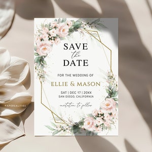 ELLIE - Greenery Blush Save the Date Einladung Vorlage Download, Floral Hochzeit Save The Date, Salbei Blush, druckbare Save the Date Karte