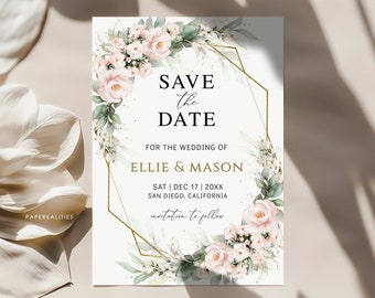 ELLIE - Greenery Blush Save the Date Invitation Template Download, Floral Wedding Save The Date, Sage Blush, Printable Save the Date Card