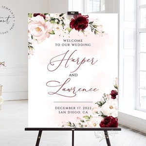 Burgundy Floral Wedding Welcome Sign Template (Digital Download)