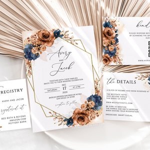 Burnt Orange Navy Wedding Invitation Template, Blue Terracotta Wedding Invitation, Wedding Invitation Burnt Orange Blue, Rust Wedding, AVERY